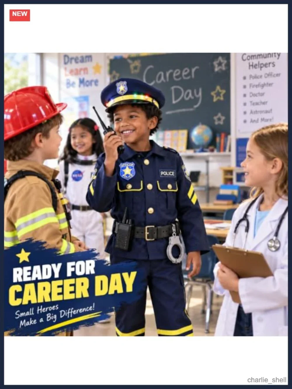 Kids Police Costume Set Polyester Uniform Career Day Halloween Pretend Play
